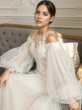 Long Sleeve Tulle A Line Appliques Wedding Dress
