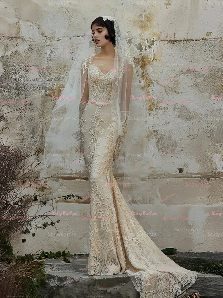 beaded tulle sweetheart trumpet wedding dress Beading Lace Trumpet Mermaid Sweetheart Wedding Dress US2 / As the picture