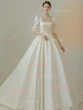 Short Sleeve Square Neck Ball Gown Satin Wedding Dress