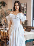 A Line Off The Shoulder White Satin Wedding Dress
