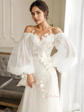 Long Sleeve Tulle A Line Appliques Wedding Dress