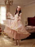Pink Lace Vintage Tea Length Tulle Long Sleeves Wedding Dress