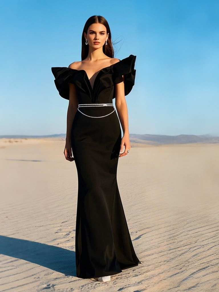 Trumpet Mermaid Backless Satin Black Chain Prom Dress US12 / Blue Trumpet Mermaid Backless Satin Black Chain Prom Dress US12 / Blue