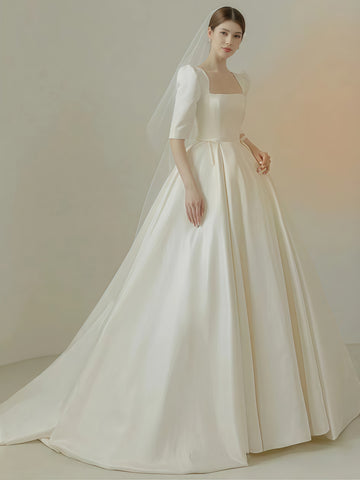 Short Sleeve Square Neck Ball Gown Satin Wedding Dress