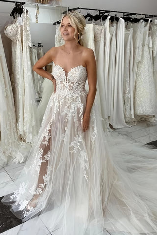Lace A Line Tulle Mesh Sweetheart Wedding Dress With Slit