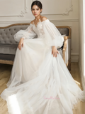 Long Sleeve Tulle A Line Appliques Wedding Dress