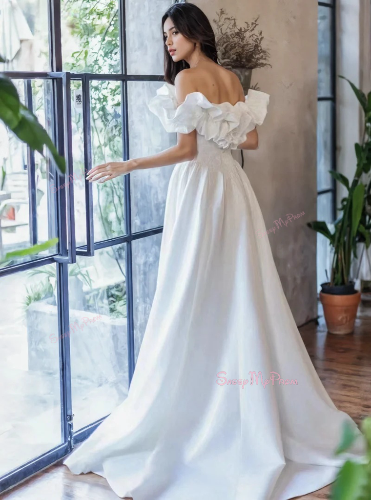 A-Line White Satin Lace Off The Shoulder Wedding Dresses