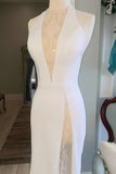 Off White Halter Open Back Mermaid Beading Wedding Dress