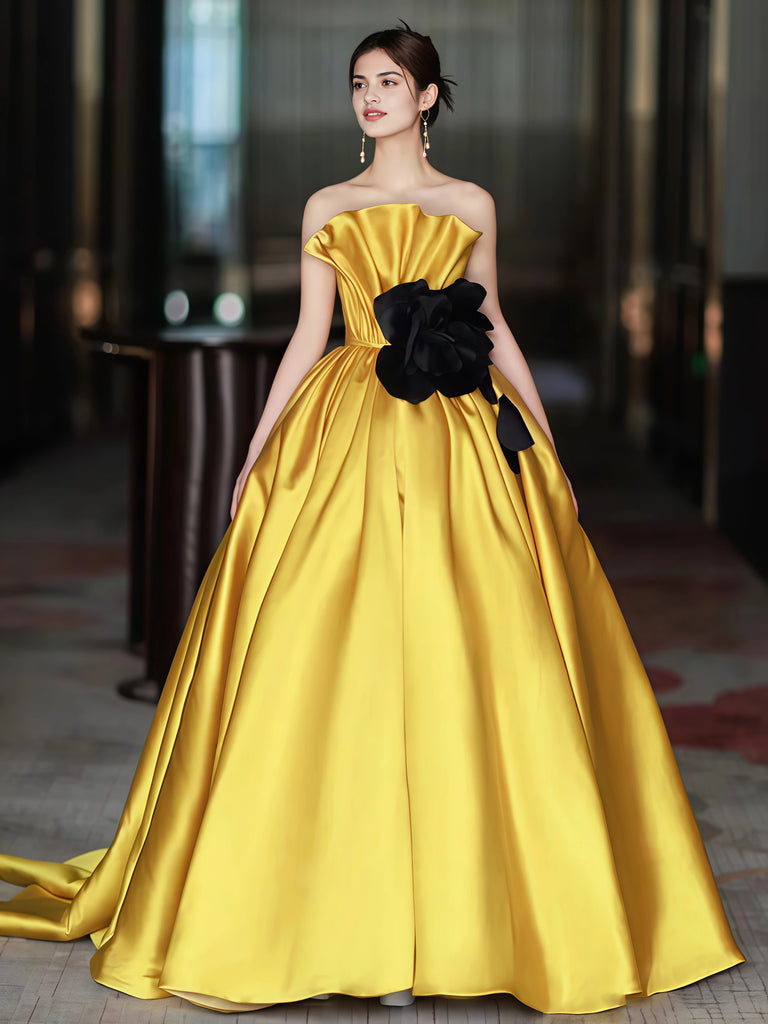 Gold Satin A Line Ruched Flower Prom Dress Gold Satin A Line Ruched Flower Prom Dress