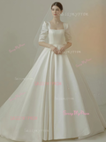 Short Sleeve Square Neck Ball Gown Satin Wedding Dress