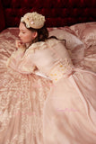 Pink Lace Vintage Tea Length Tulle Long Sleeves Wedding Dress