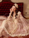 Pink Lace Vintage Tea Length Tulle Long Sleeves Wedding Dress