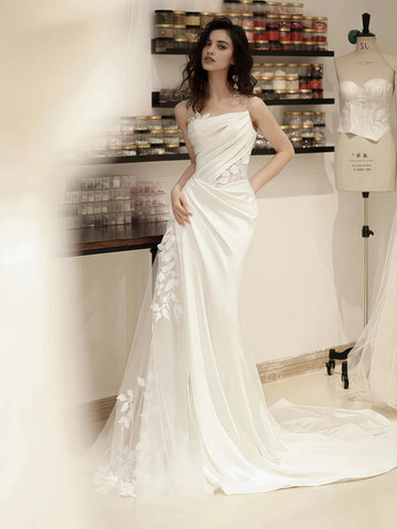 Trumpet Mermaid Lace Appliques Satin Ruched Wedding Dress