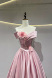 A-Line Satin Floor Length Flower Pink Prom Dress