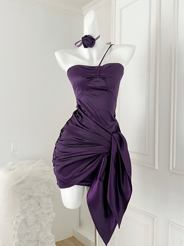 Asymmetrical Flower Purple Mini Dress