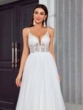 V Neck Sheer Backless Tulle A Line Wedding Dress