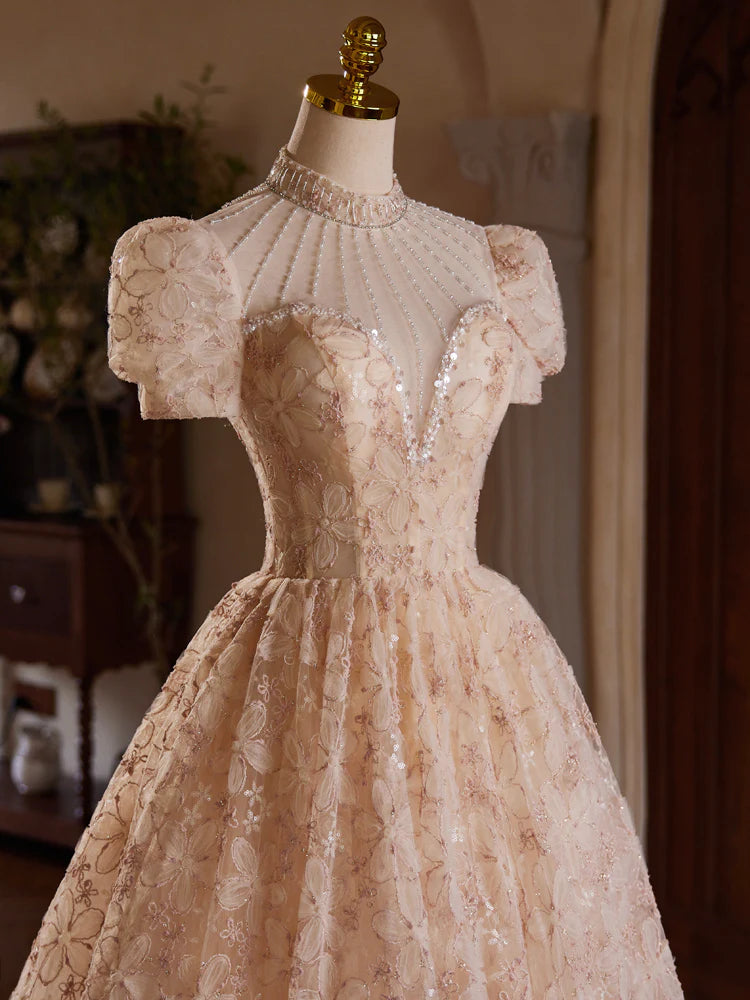 2024 Pink Tulle Floral Bead Backless Tea Length Prom Dress US10 2024 Pink Tulle Floral Bead Backless Tea Length Prom Dress US10