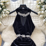 Halter Black Crystal Velvet Midi Dress