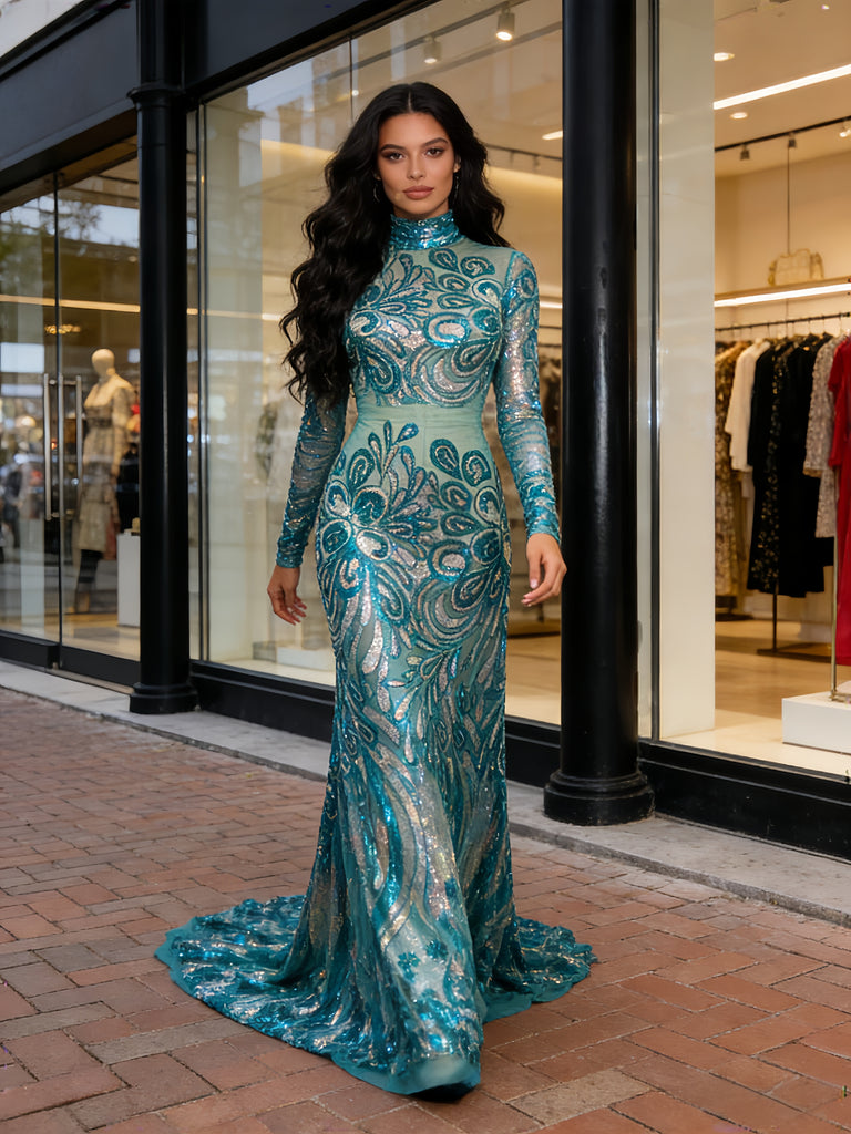 High Neck Sequin Floral Green Long Sleeve Prom Dress High Neck Sequin Floral Green Long Sleeve Prom Dress