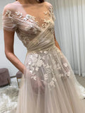 Light Champagne Tulle Lace Wedding Dress With Pockets