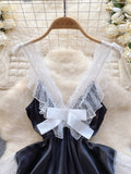 V Neck White Mesh Black Satin Ruffled Dress