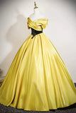 Satin Black Appliques Yellow A Line Prom Dress