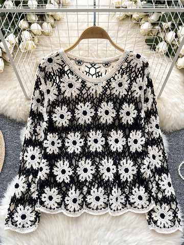 White Floral Patterns Boho Crochet Blouse