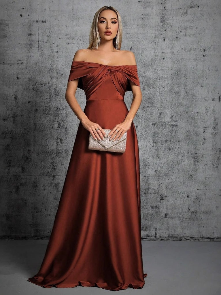 brown satin ruched dress Inmaculada Brown Ruched Satin Maxi Dress (Without Gloves)