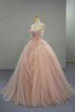 Strapless Pink A-Line Tulle Flower Prom Dress