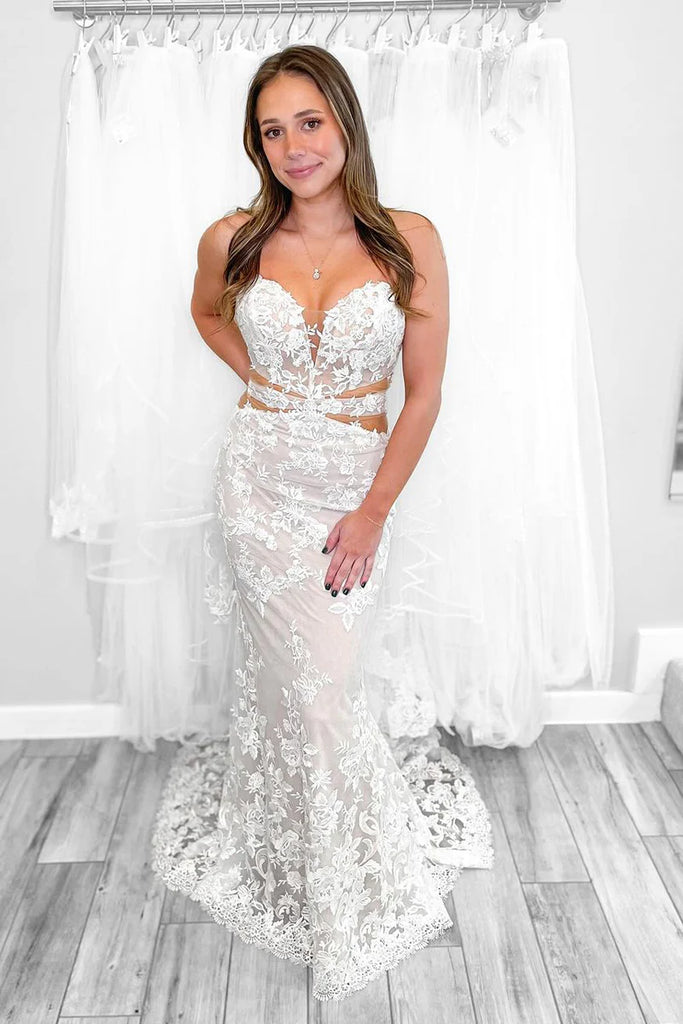 Elegant Mermaid Strapless Lace Appliques Wedding Dresses Diamond White / 8 Elegant Mermaid Strapless Lace Appliques Wedding Dresses Diamond White / 8