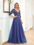 Burgundy Chiffon Half Sleeve Waist Sequin Long Dres