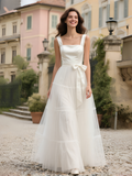 Simple Straps Tulle A Line Square Wedding Dress