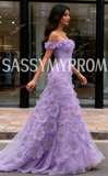 Purple Flower Beading Tulle Off The Shoulder Mermaid Prom Dress