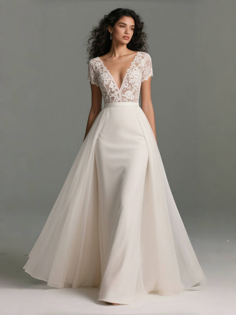 satin mermaid wedding dress with detachable train Fairy Long Sleeve Satin Lace Mermaid Wedding Dress w Detachable Train, Shindig Threads