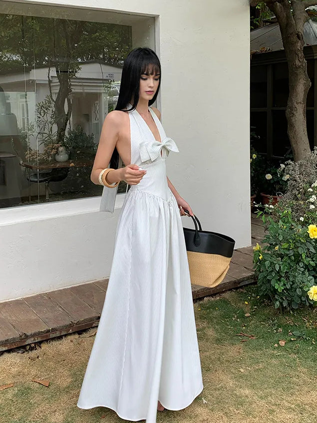 White Striped Halter Neck Maxi Dress Sassymyprom White Striped Halter Neck Maxi Dress Sassymyprom