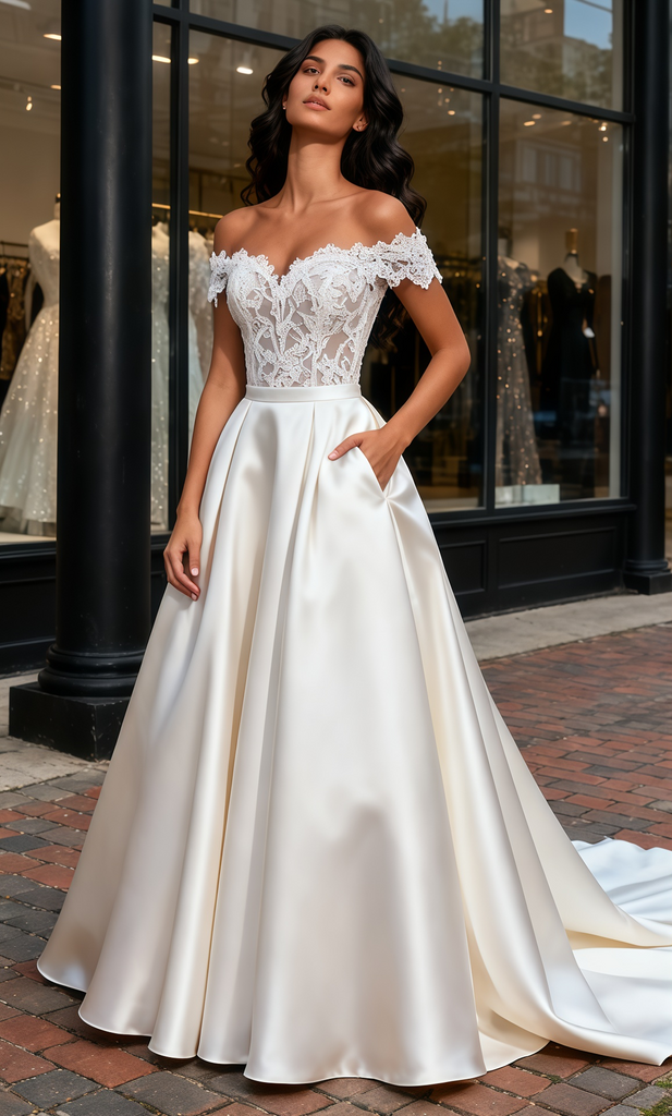 Lace & Satin A Line Satin Off The Shoulder Wedding Dress With Pockets Sassymyprom Lace & Satin A Line Satin Off The Shoulder Wedding Dress With Pockets Sassymyprom