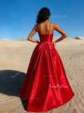 Satin A Line Red Deep V Neck Prom Dress