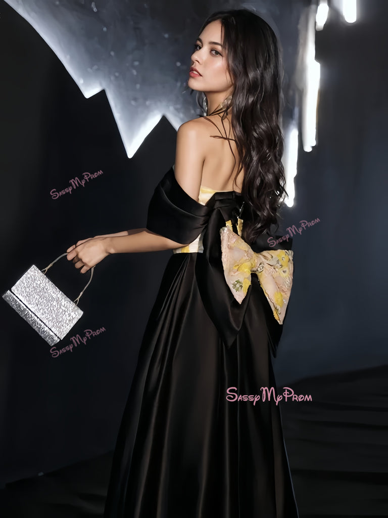 Belt Off The Shoulder Black Appliques Satin A Line Prom Dress Custom Made / Champagne Belt Off The Shoulder Black Appliques Satin A Line Prom Dress Custom Made / Champagne