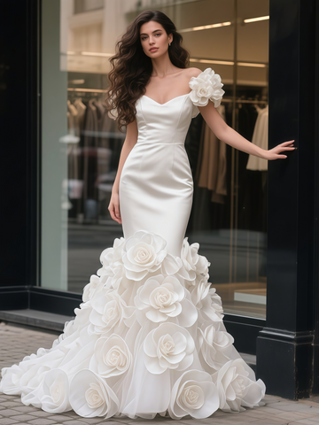Off The Shoulder Trumpet Mermaid Satin Flower Wedding Dress