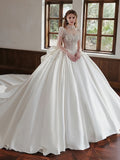 Satin High Neck Short Sleeve Crystal Ball Gown Wedding Dress