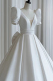 A-Line V-Neck Satin White Short Sleeve Wedding Dress With Bow