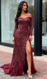 Off The Shoulder Sequin Trumpet Mermaid Burgundy Prom Dress