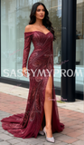 Off The Shoulder Sequin Trumpet Mermaid Burgundy Prom Dress