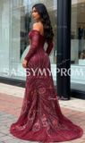Off The Shoulder Sequin Trumpet Mermaid Burgundy Prom Dress