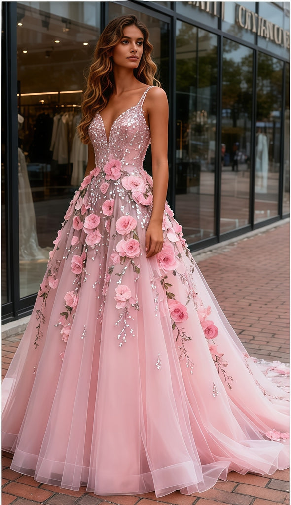 A Line Beading Flowers Pink V Neck Prom Dress A Line Beading Flowers Pink V Neck Prom Dress