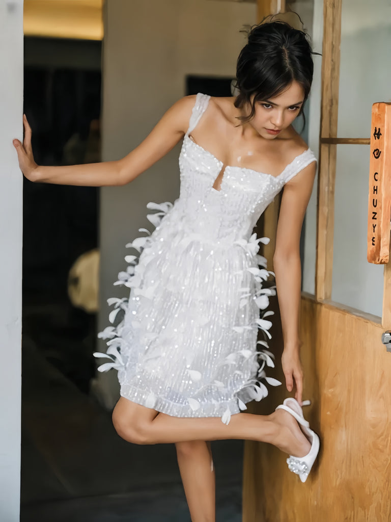 short wedding dress feathers Queendancer Women Ivory Satin Short Wedding Dress with Feathers Bodycon Off the Shoulder Bachelorette Dress with Sleeves queendancer