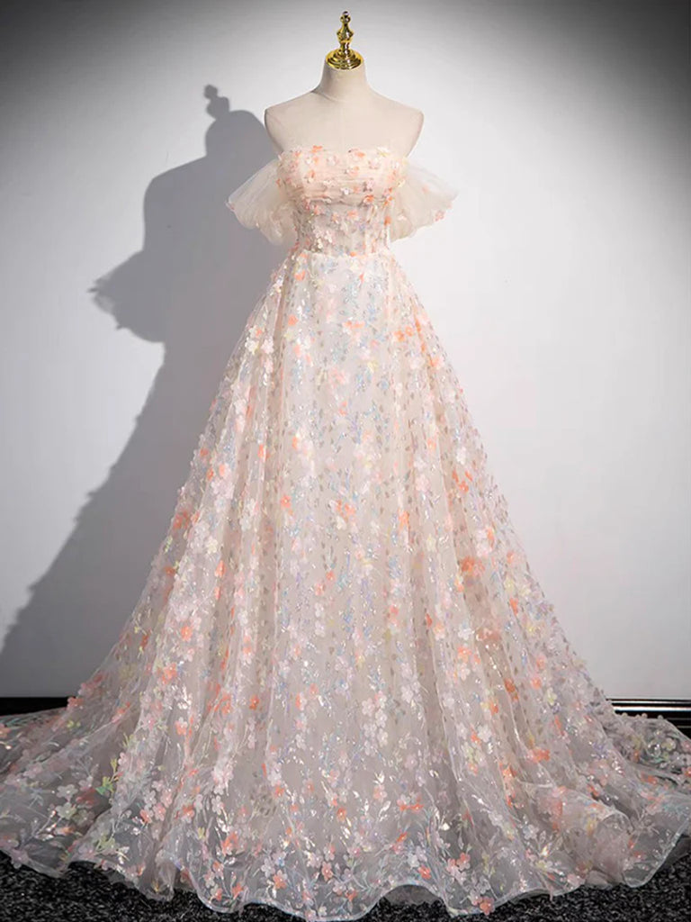 Elegant Pastel Floral Off The SHoulder Pink Prom Dress Custom Made Elegant Pastel Floral Off The SHoulder Pink Prom Dress Custom Made