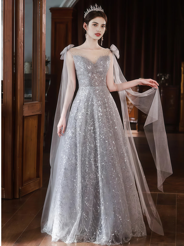 A Line Sheer Silver Sequin Prom Dress With Shawl US8 A Line Sheer Silver Sequin Prom Dress With Shawl US8