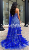 Royal Blue Feather Blue One Shoulder Prom Dress