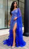 Royal Blue Feather Blue One Shoulder Prom Dress